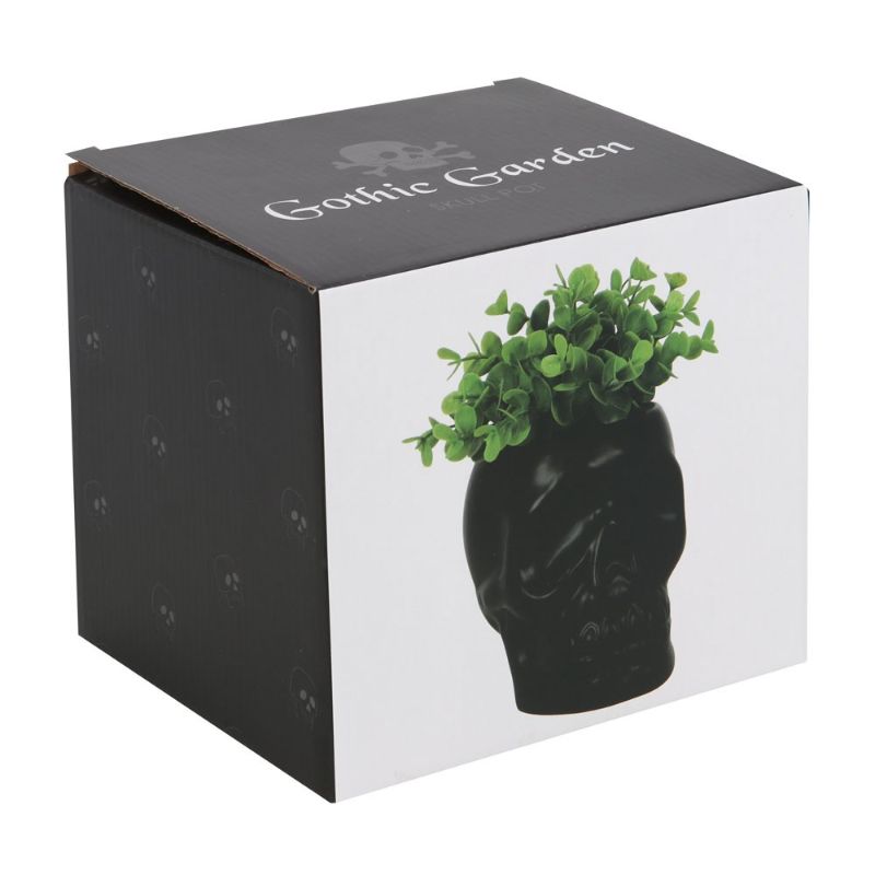 Black ceramic skull plant pot ideal for succulents, adding gothic charm to home decor; perfect gift for plant enthusiasts.