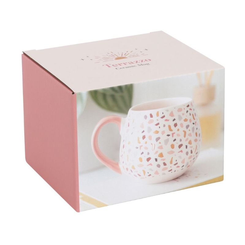 Terrazzo Print Rounded Ceramic Mug with pastel handle, featuring trendy speckles, perfect for hot beverages and gifting.