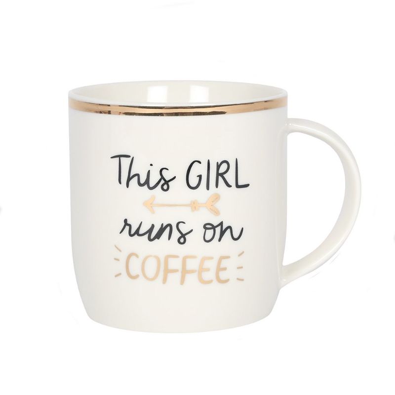 Chic "This Girl Runs on Coffee" mug with elegant gold accents, perfect for coffee lovers; measures 9 x 8.5 cm, handwash only.