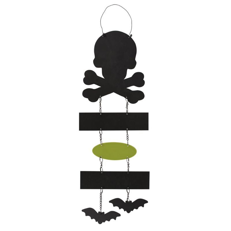 Spooky 'Enter If You Dare' chain sign with a skull, crossbones, and bats, perfect for Halloween decor.