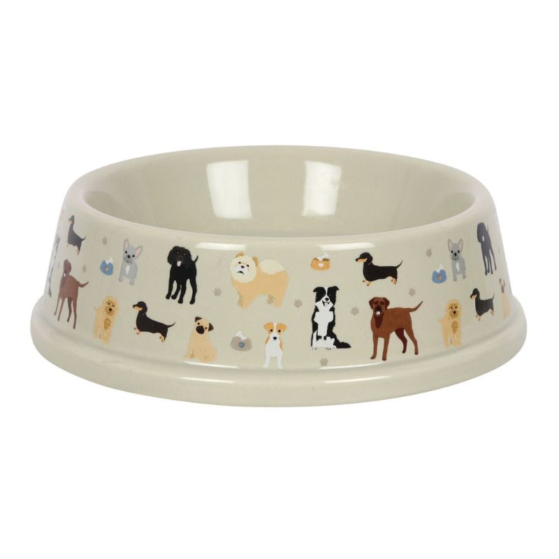 Ceramic dog bowl with charming pet illustrations, perfect for stylish and functional mealtime for dogs of all sizes.