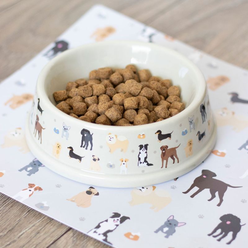 Ceramic dog bowl with charming pet illustrations, perfect for stylish and functional mealtimes for dogs of all sizes.