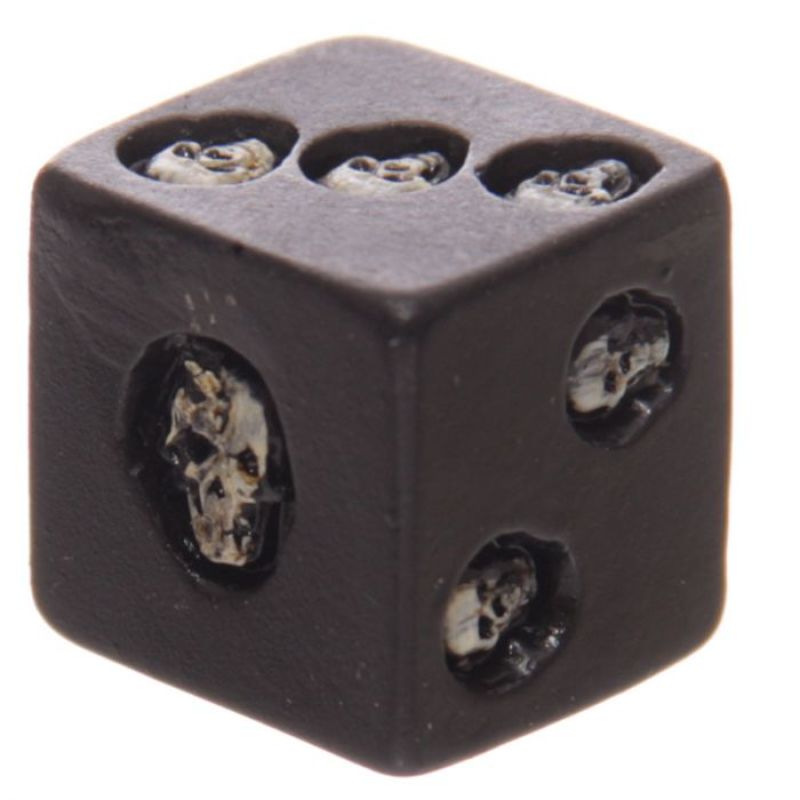Pack of 5 Black Skull Dice featuring a gothic design, bold white numbers on black, ideal for RPGs and collectors.