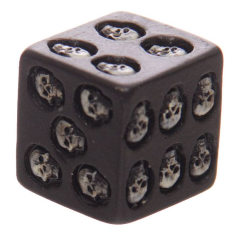 Black Skull Dice pack of 5 featuring gothic skull designs for RPG games, durable with bold white numbers on sleek black.