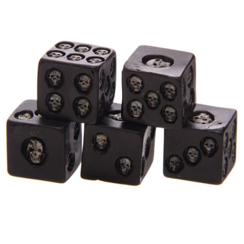 Pack of 5 black polyhedral dice featuring bold white numbers and a striking skull design, perfect for enhancing tabletop gaming.