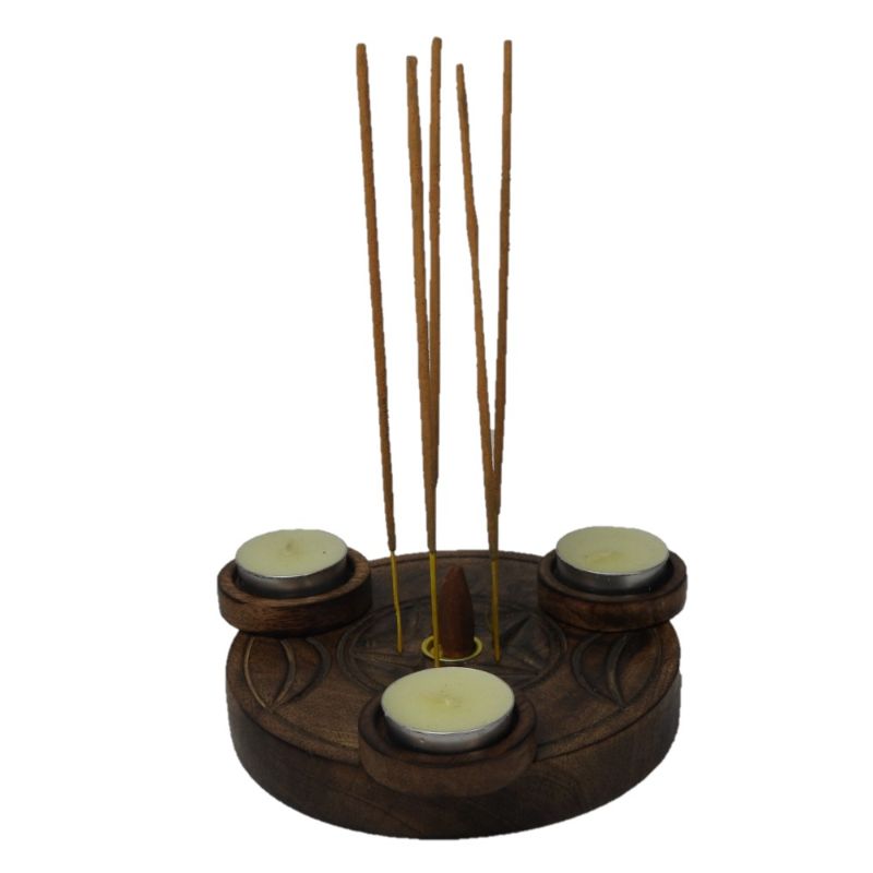 Triple Moon Incense/Tealight Burner in mango wood, 6.5-inch, with three tealight holders for relaxation and meditation.