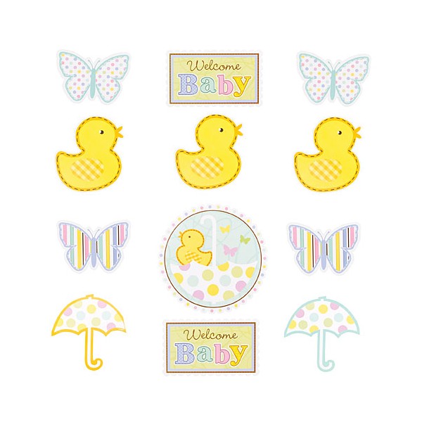 Colorful baby shower cut-outs featuring umbrellas, ducks, butterflies, and 'Welcome Baby' for a joyful celebration.