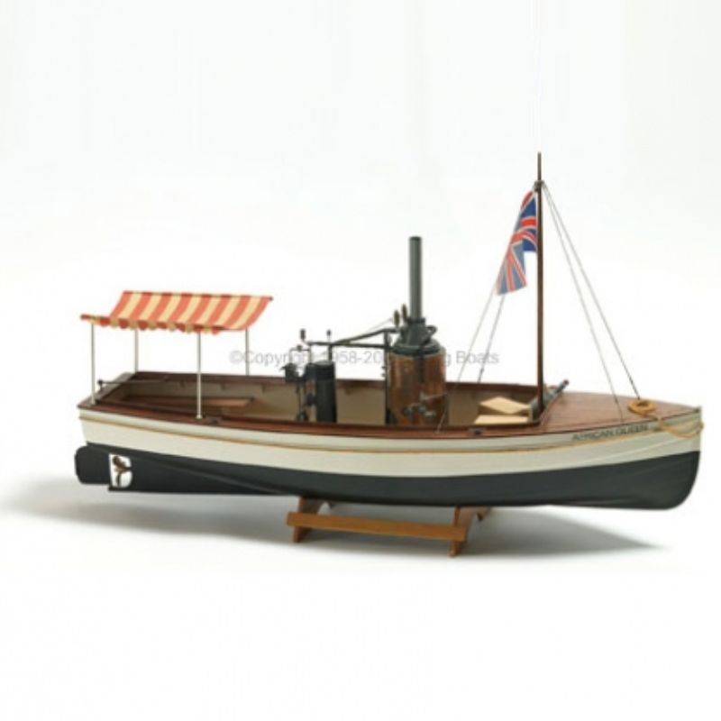 Unassembled wooden model kit of the African Queen, 74cm long, ideal for ship modeling enthusiasts and collectors.