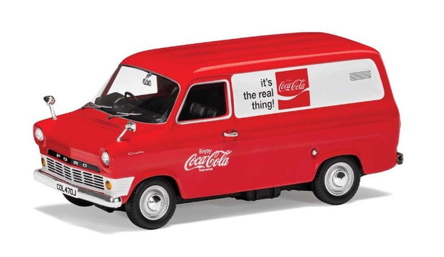 Diecast model of Coca-Cola branded 1/43 Ford Transit Mk1, showcasing vibrant 1970s nostalgia and intricate details.