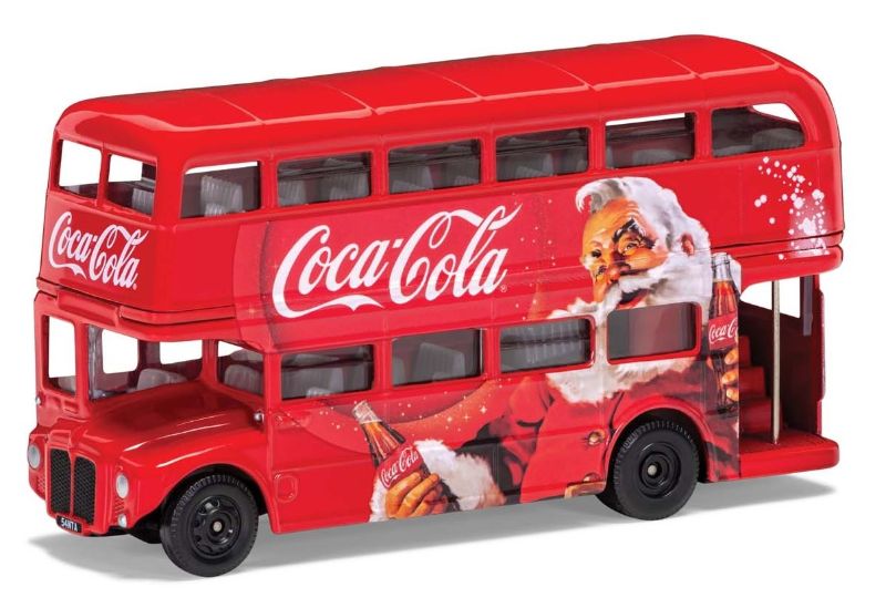 A vibrant 1/64 scale diecast Coca-Cola London Bus with Santa, celebrating Christmas in festive red design.
