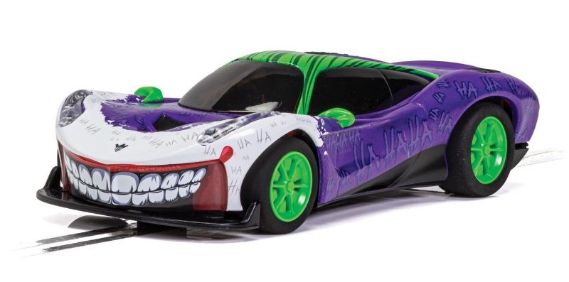 Slot Car - START Joker Car with vibrant green hair and purple suit, featuring lights, advanced tech, and Magnatraction for racing fun.
