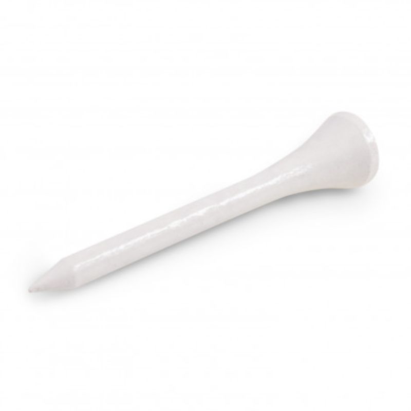 Set of 100 white wooden golf tees, 55mm long, designed for performance and elegance on the golf course.