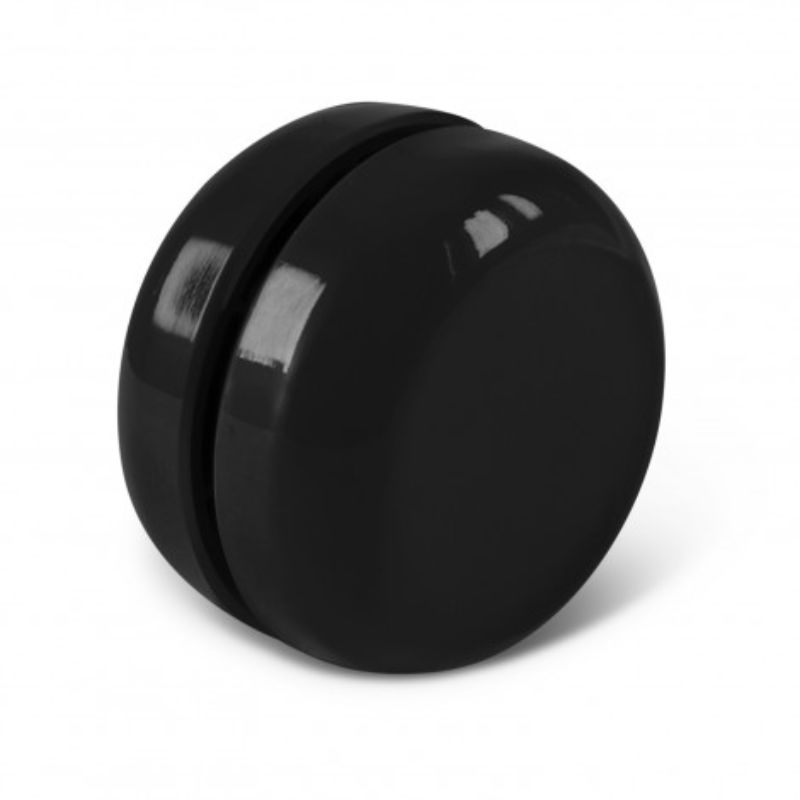Set of 12 sleek black yoyos, ideal for events and giveaways, measuring 55mm diameter and 36mm height.