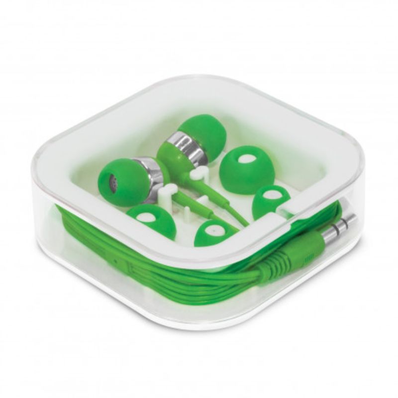 Set of 12 Helio Green earbuds with premium sound, three bud sizes, hands-free mic, and stylish carry case.