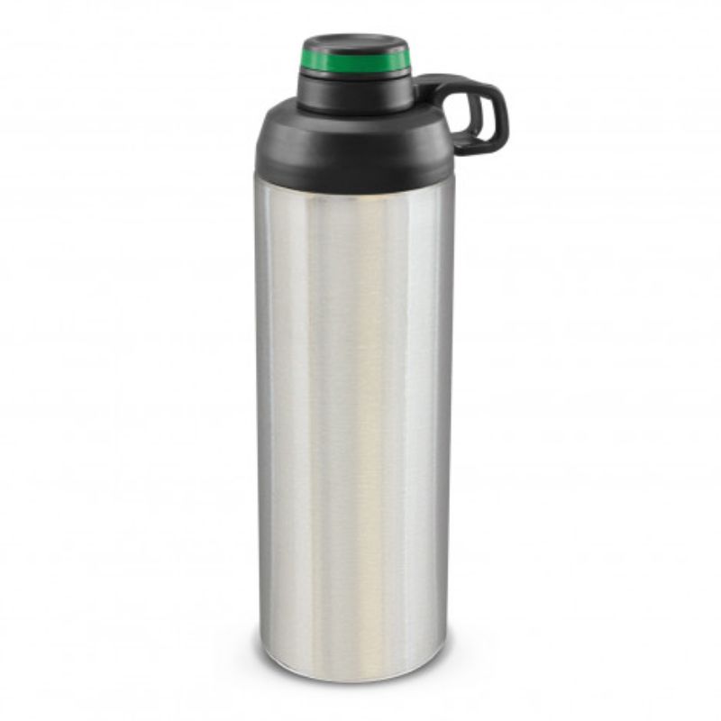 Set of 3 durable, BPA-free stainless steel bottles in silver and dark green, featuring screw-on lids and ergonomic handles.
