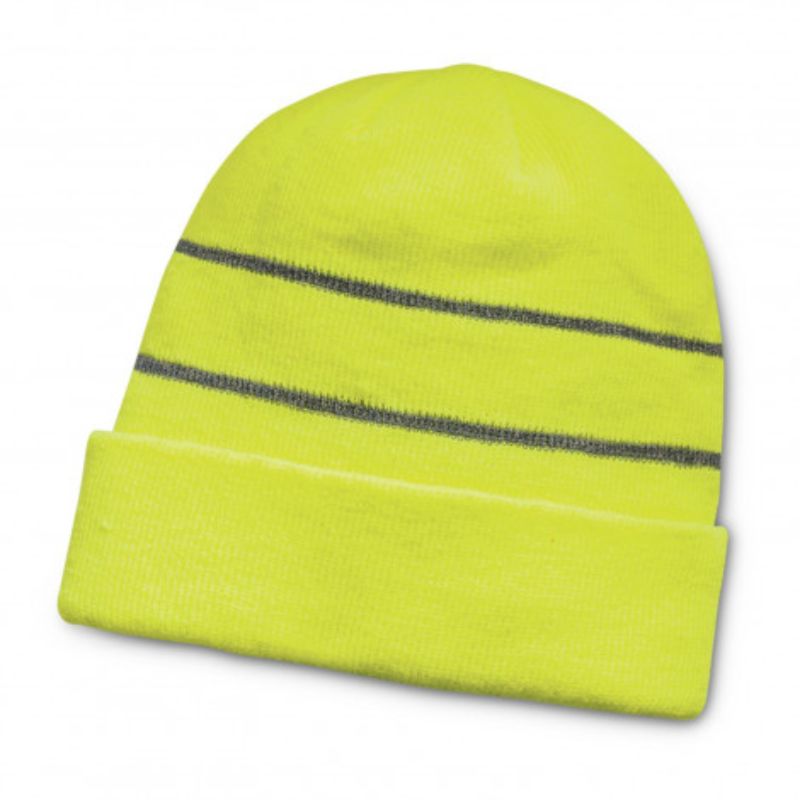 Hi-Vis Everest Yellow beanie set of 6, knitted for warmth and safety, featuring a roll-up cuff for a snug fit.