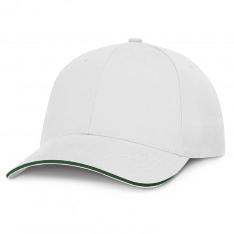Set of 6 Swift Caps in white and dark green, made from heavy brushed cotton, featuring adjustable buckle and vibrant trim.