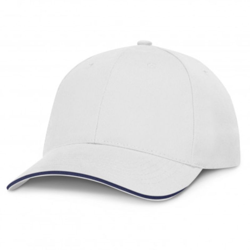 Set of 6 white and royal blue structured caps with embroidered eyelets and adjustable closures for teams or events.
