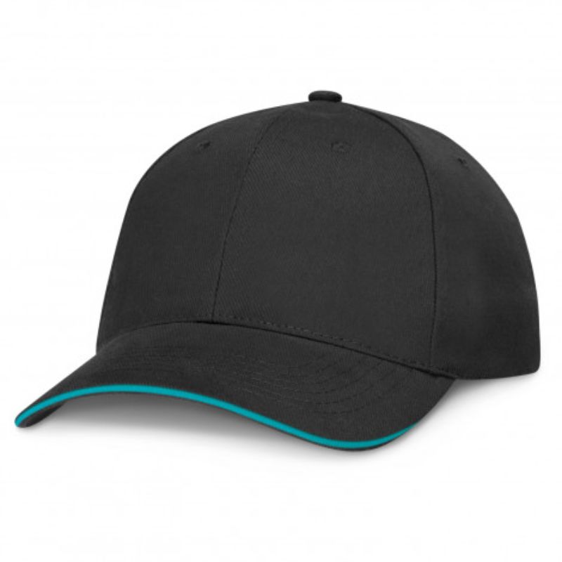 Set of 6 stylish black and light blue structured caps with breathable eyelets and adjustable closures for comfort.