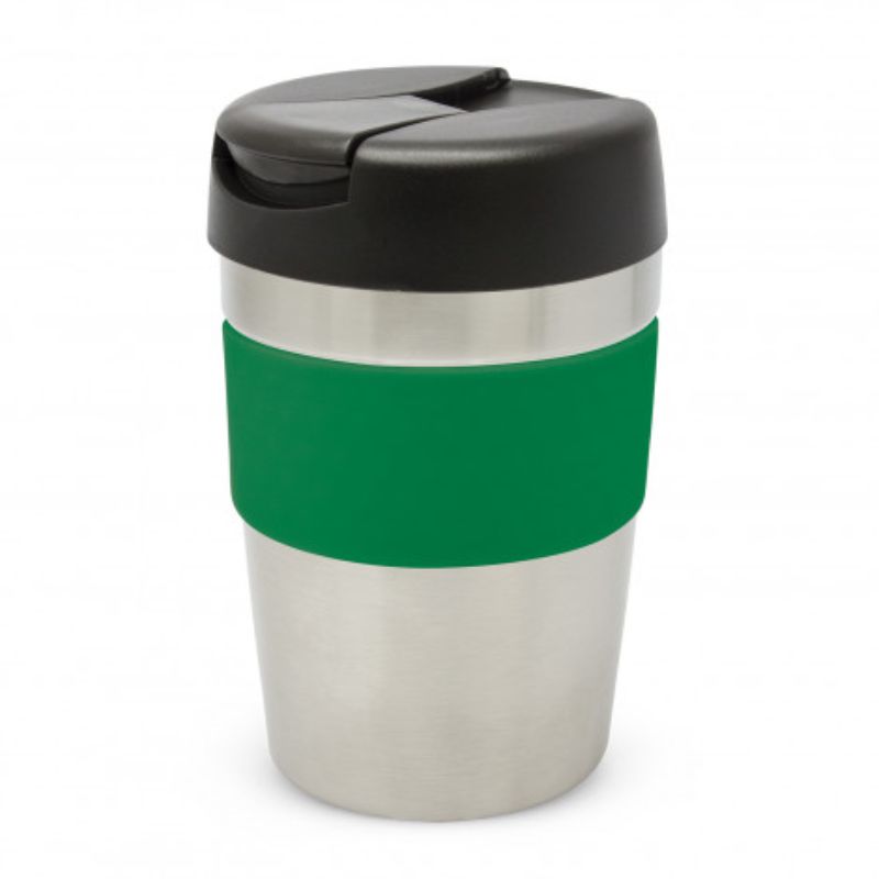 Java Vacuum Cup in silver, black, and dark green; premium insulated design keeps drinks hot for 3 hours with a secure lid.