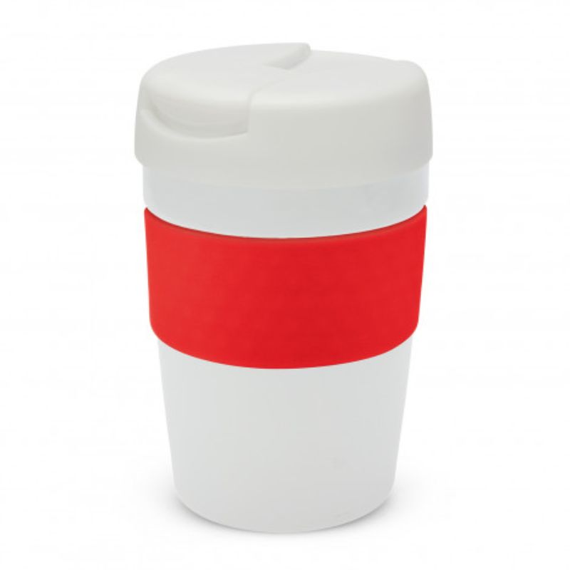 Java Vacuum Cup - 340ml in white and red, stainless steel, vacuum-insulated, keeps drinks hot for 3 hours, BPA-free.