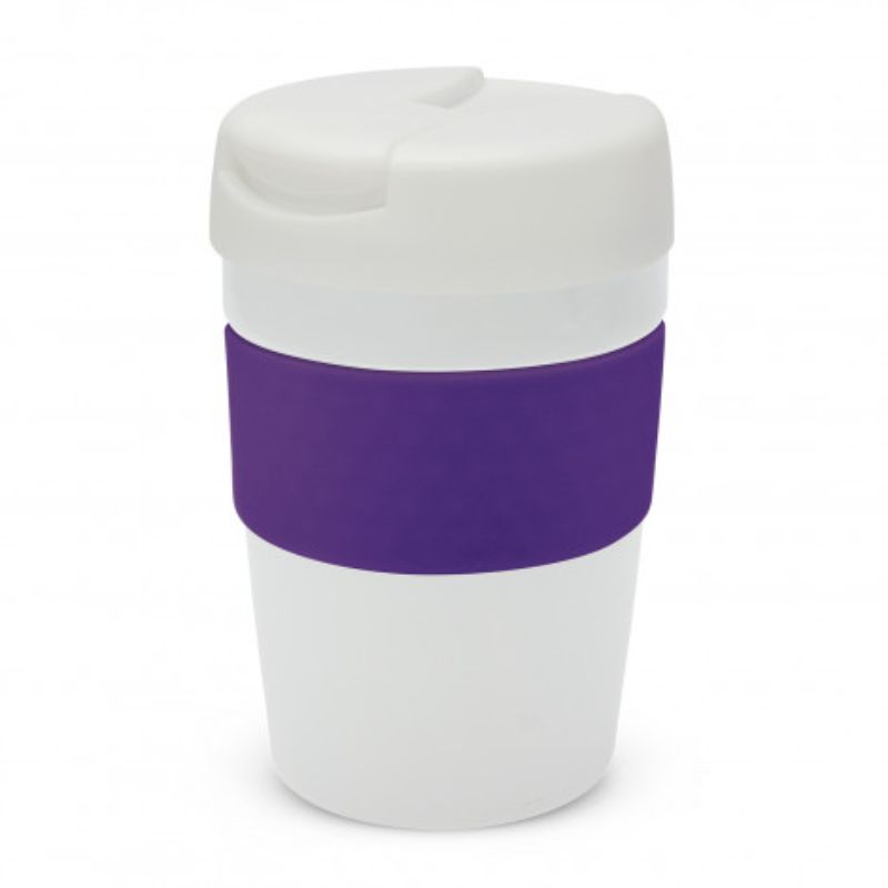 Java Vacuum Cup in White and Purple, 340ml, insulated, soft-touch band, splashproof lid, perfect for hot/cold drinks on the go.