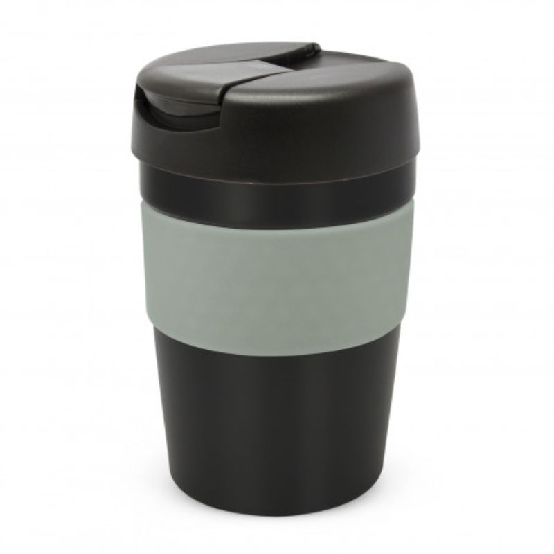 Java Vacuum Cup 340ml in black and grey, featuring double wall insulation, splashproof lid, and a soft-touch band.