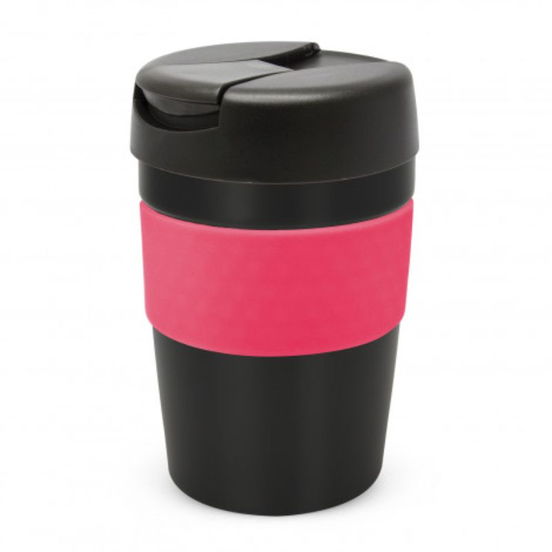 Java Vacuum Cup in black and pink; 340ml double-wall insulated mug with soft-touch band and splash-proof lid.
