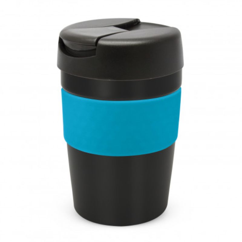 Java Vacuum Cup in Black and Light Blue, 340ml; double wall stainless steel, keeps drinks hot for 3 hours, splashproof lid.