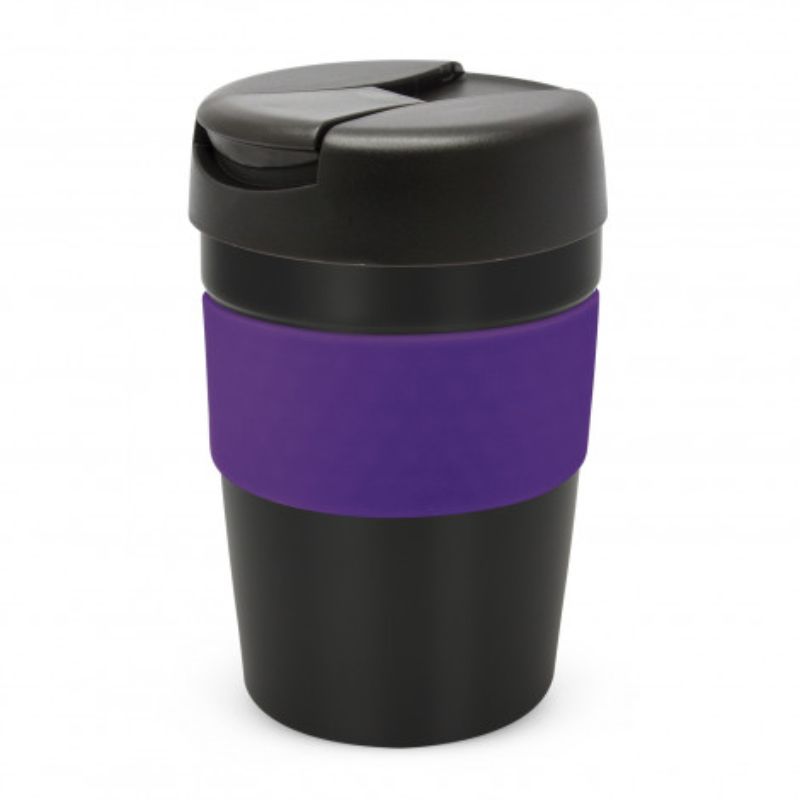 Java Vacuum Cup in Black/Purple, 340ml, double wall, vacuum insulated for hot drinks, with a silicone band and flip lid.