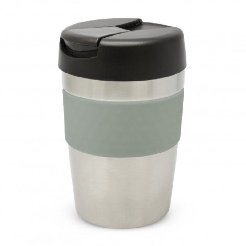 Java Vacuum Cup - 340ml in silver, black, and grey; sleek, insulated design keeps drinks hot for 3 hours, features soft-touch band.