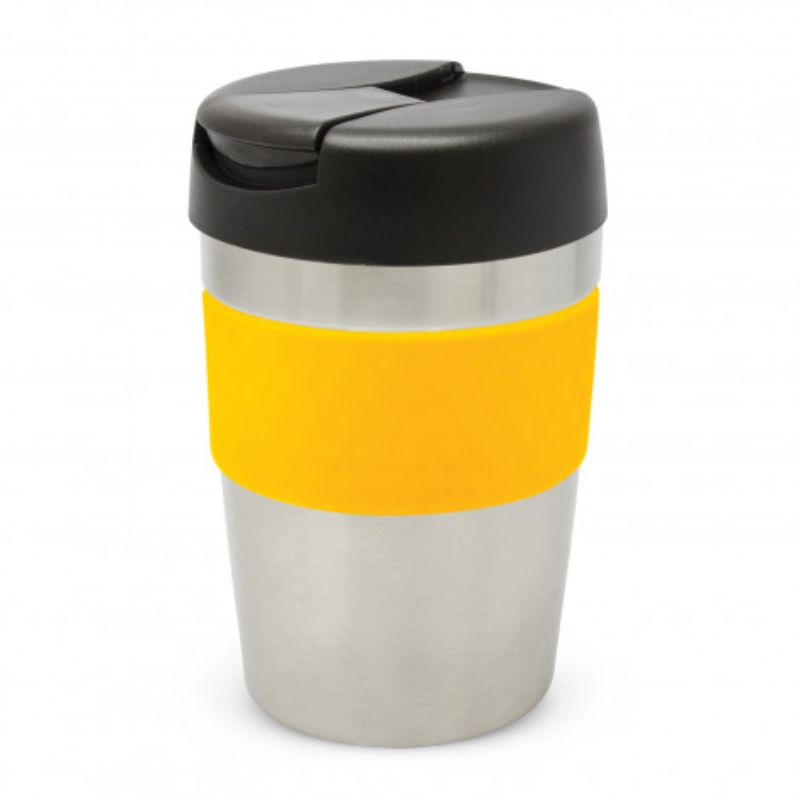 Silver and black vacuum insulated Java Cup with yellow silicone band, 340ml capacity, keeps drinks hot for 3 hours.