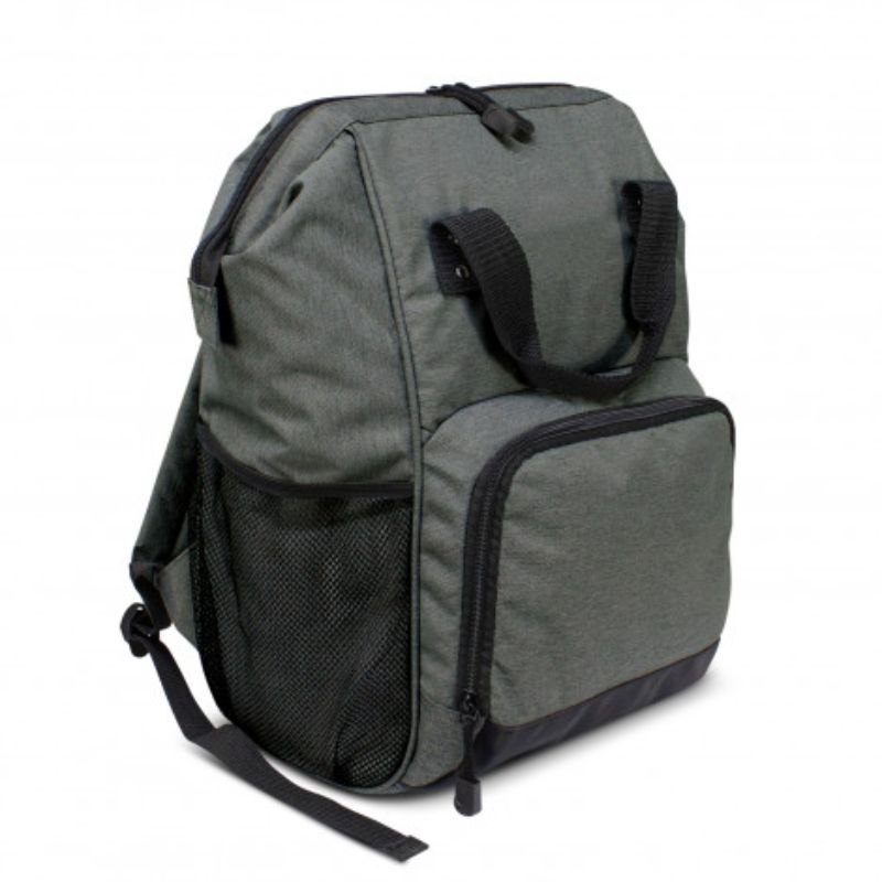 A stylish grey cooler backpack with PE foam insulation, spacious pockets, and adjustable straps for outdoor adventures.