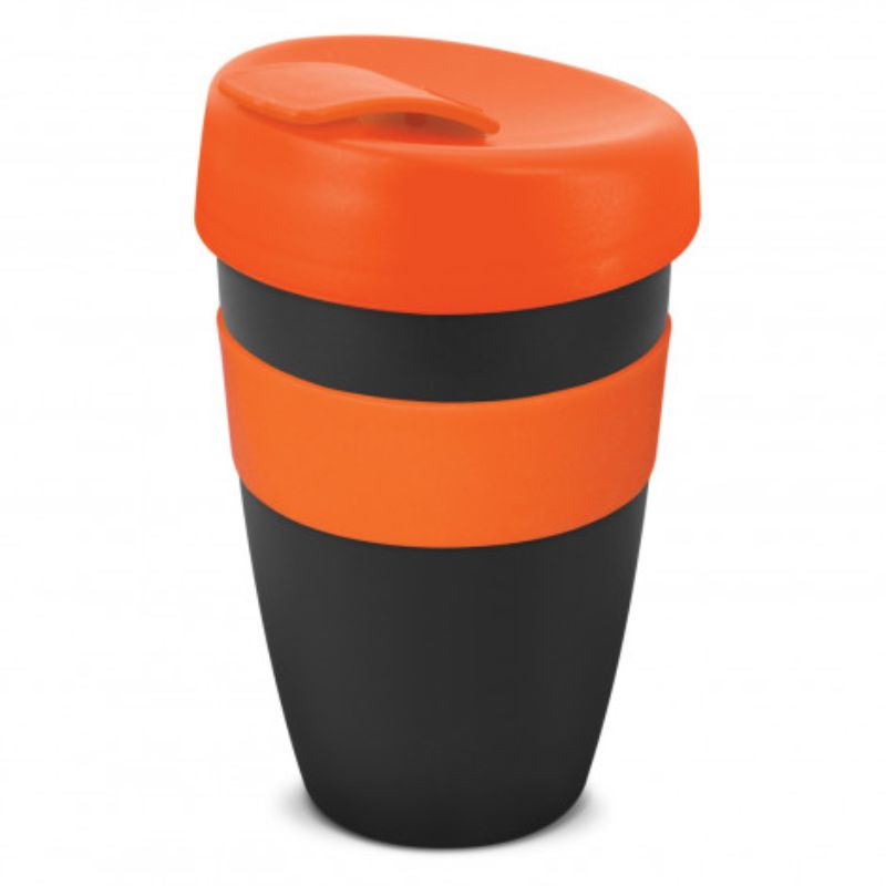 Set of 6 black and orange 480ml reusable coffee cups with silicone band, screw-on lid, and splashproof closure for on-the-go use.