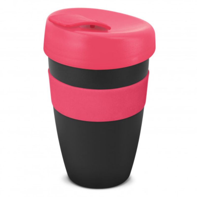Set of 6 stylish 480ml black reusable coffee cups with pink lids, silicone bands, and splashproof closures for eco-friendly sipping.