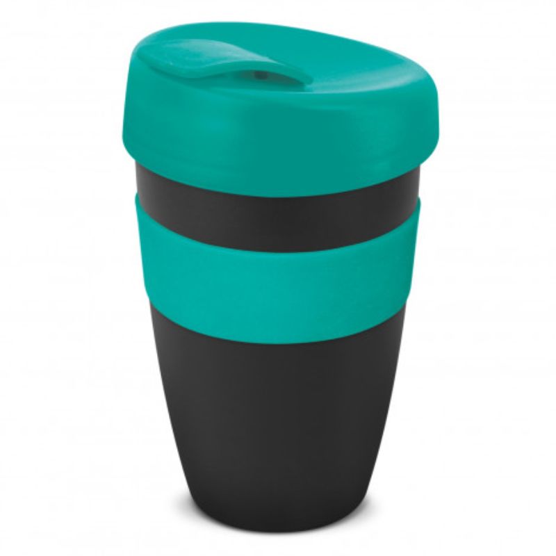 Set of 6 black 480ml reusable coffee cups with teal silicone bands and splashproof lids, perfect for on-the-go beverages.