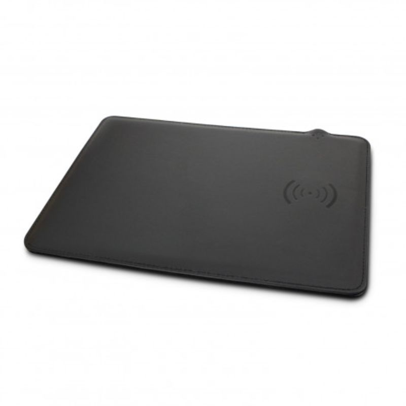 Sleek black wireless charging mouse mat with built-in 5W charger, stylish design, and compact dimensions for workspace efficiency.