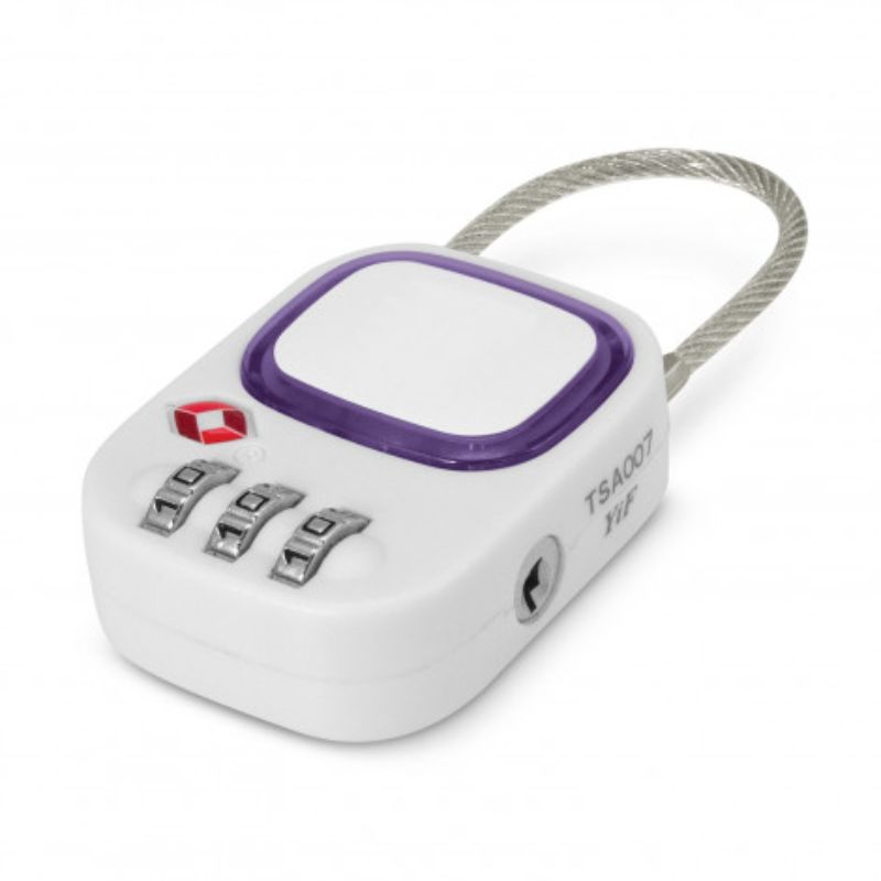 Set of 3 TSA-approved purple combination padlocks for secure luggage and hassle-free travel inspections.