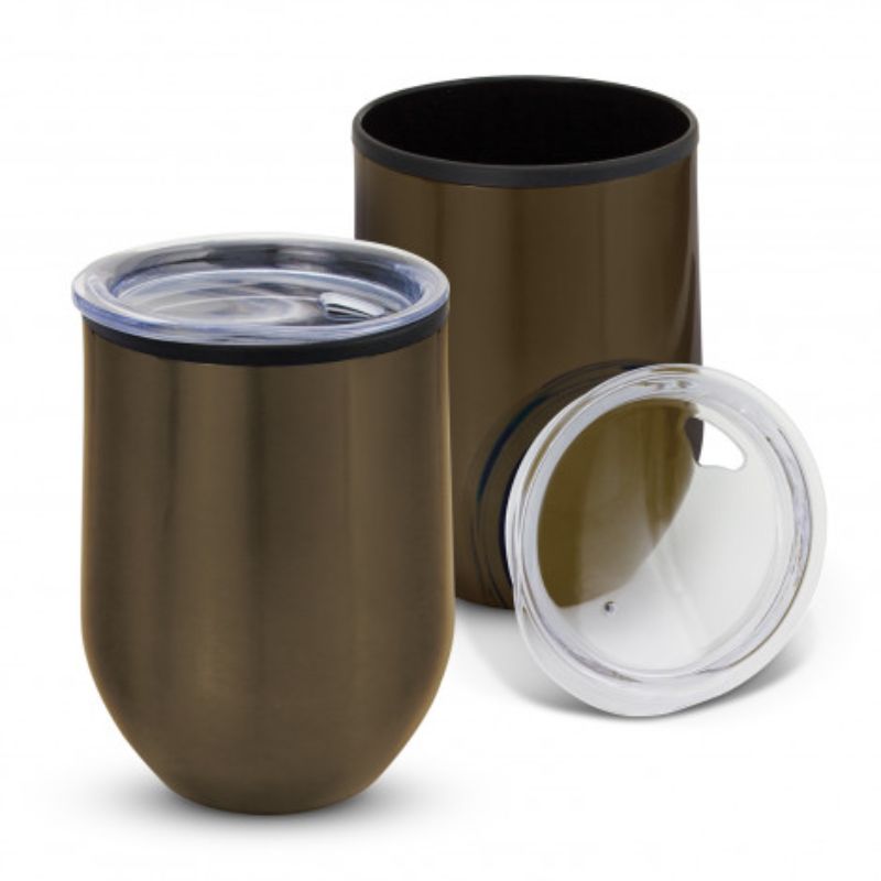 Set of 6 elegant Gunmetal Cordia Cups, 350ml, double wall design for hot drinks, with secure push-on lids.