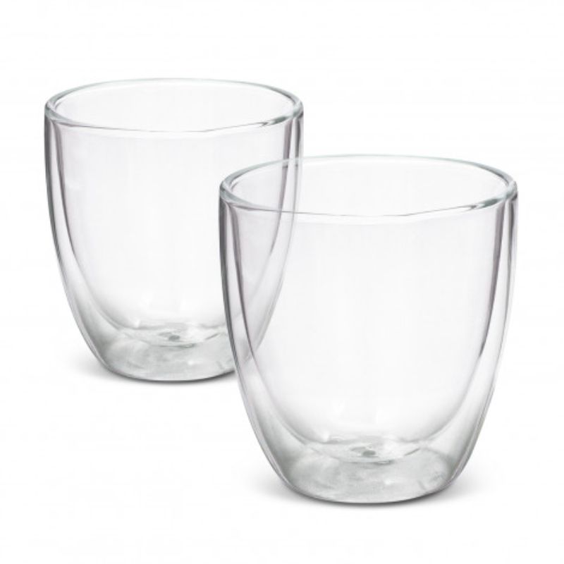 Elegant double wall glass set featuring two 310ml Tivoli glasses in clear, presented in a stylish black gift box.