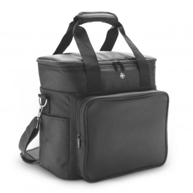 Sleek black Swiss Peak Cooler Bag with 16L capacity, thick insulation, and durable polyester for outdoor adventures.