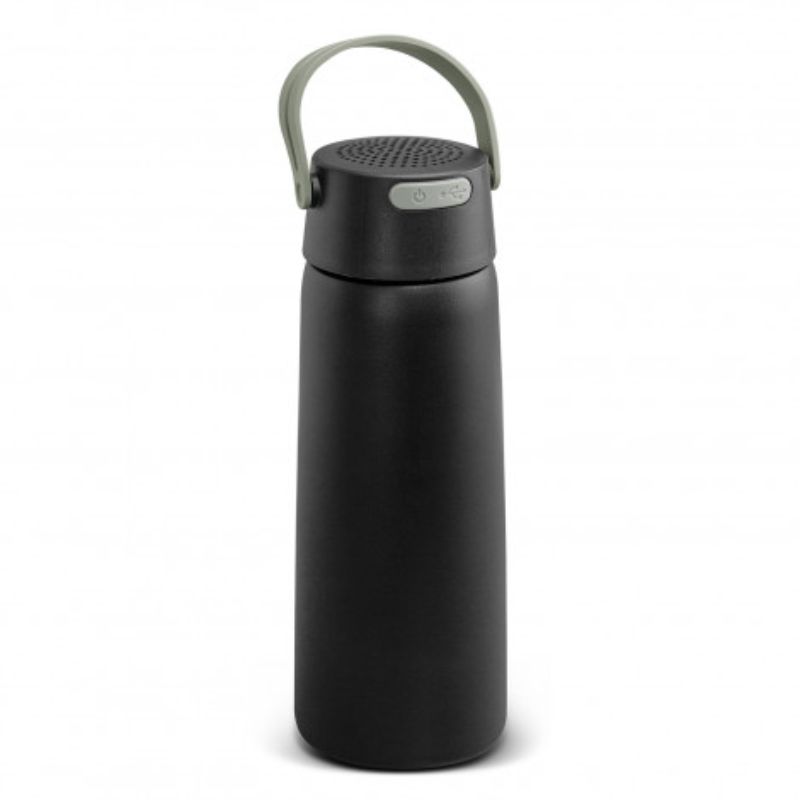 Black vacuum insulated 700ml bottle with built-in Bluetooth speaker, keeps drinks hot or cold, stylish and portable design.