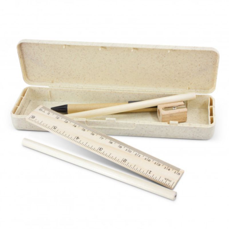 Eco-friendly Natura Stationery Set of 24, includes pencil cases, ruler, pencils, sharpener, and pen made from sustainable materials.