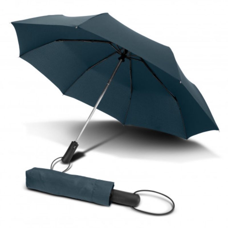 Navy compact umbrella with automatic open/close, sturdy metal frame, and soft-touch handle for easy transport.