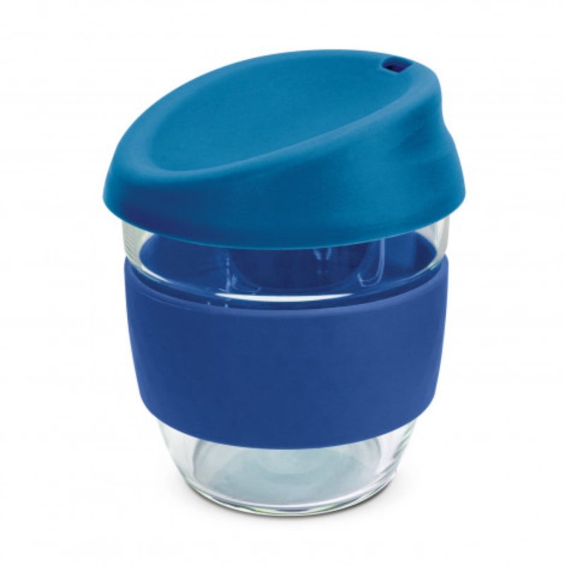 Set of 3 Royal Blue Nova Cups made from durable borosilicate glass with silicone lids and bands for comfortable sipping.