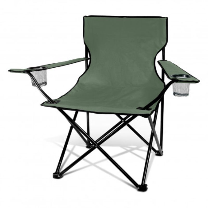 Grey folding chair with armrests, twin beverage holders, and carry bag, designed for outdoor use and supports 150kgs.