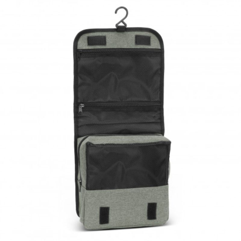Set of 3 grey Knox toiletry bags featuring durable polyester, ample storage, and convenient carry handle and hook.