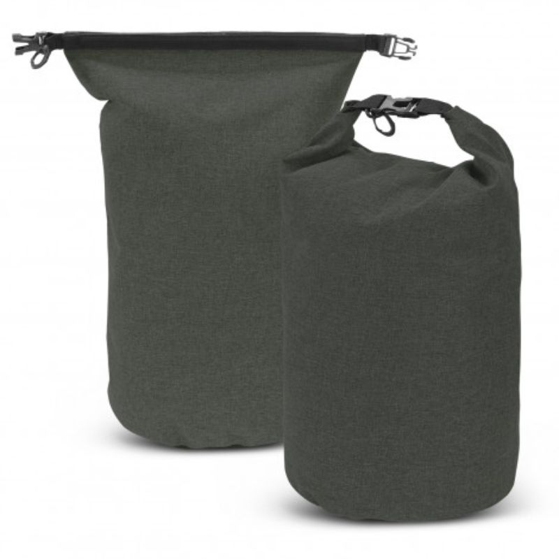 Three dark grey waterproof dry bags, 10L capacity each, made of durable polyester for outdoor storage and protection.