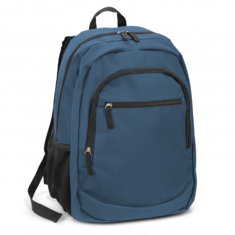 Navy backpack featuring a spacious compartment, laptop sleeve, padded back, and adjustable straps for versatile travel.
