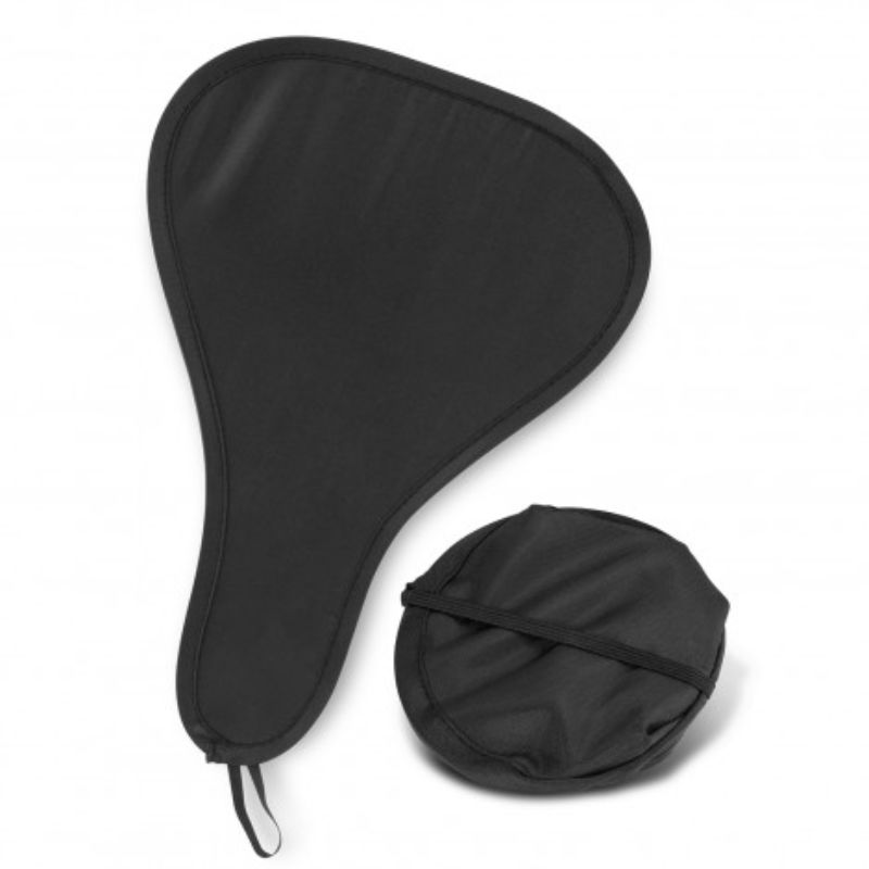 Foldable black fans in a set of 12, compact design for cooling at events, measuring 340mm x 220mm when open.